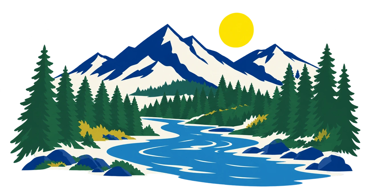 Illustration of a blue river winding between evergreen forest toward snowy mountains under a yellow sun.